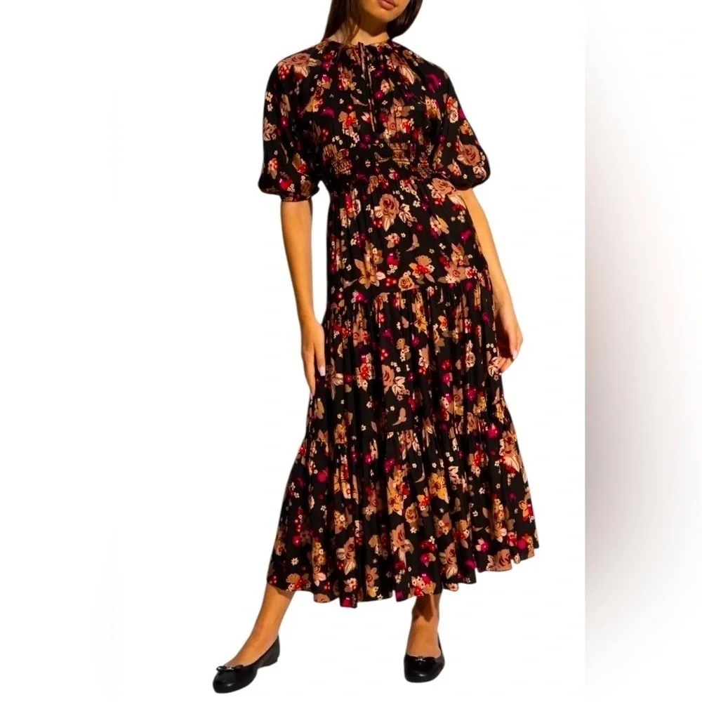 Kate Spade Floral Bouquet Silk Twill Midi Dress Sz XS Smocked Tiered Fall Love